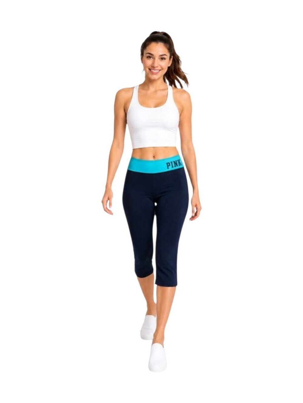 Victoria’s Secret PINK Size S/P Teal & black  Capri Yoga Leggings Foldover Waist